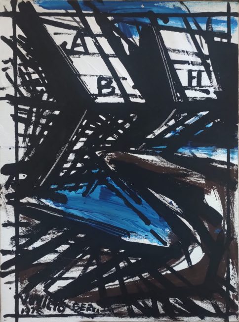 1976, _Oggetto nuovo e costruttivo_, idropittura su tela Morgan, 40×30 berti